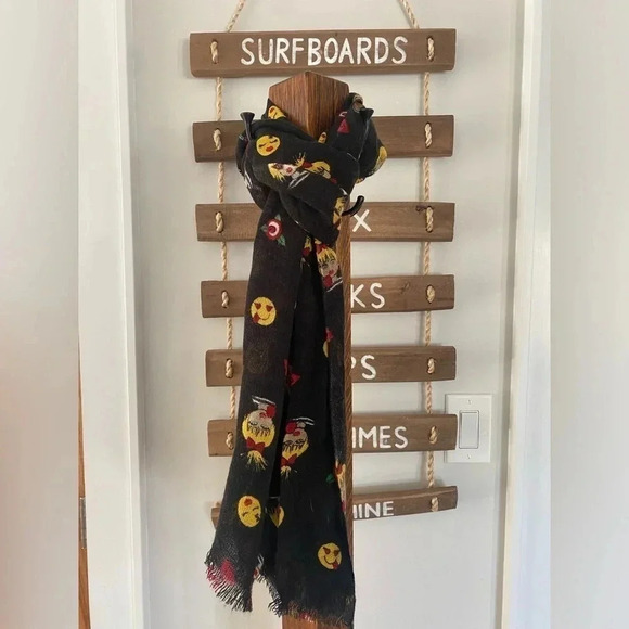 Betsey Johnson Emoji Scarf Wrap Black Background Fun Good Used Condition 80”x26” - Picture 1 of 8